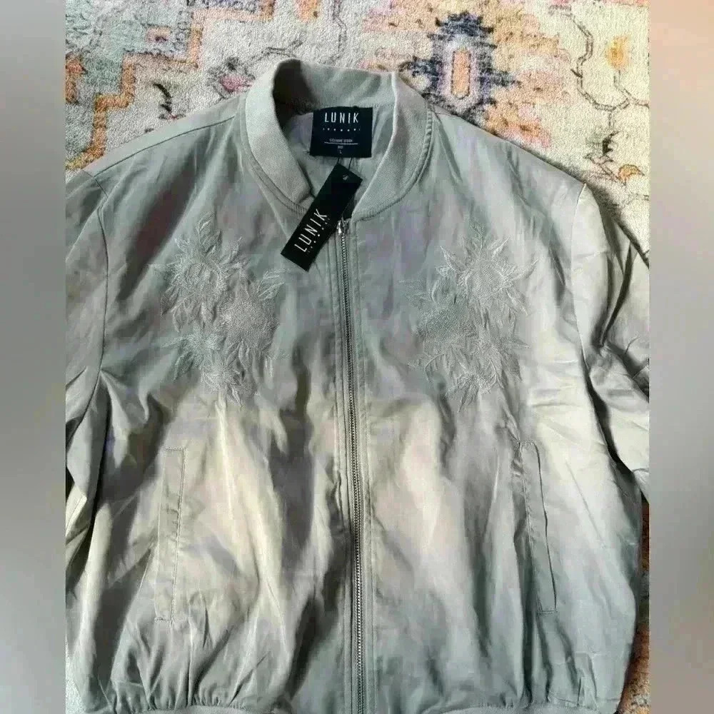 NWT Lunik Satin Silver embroidered Bomber Jacket Size large - Picture 2 of 7